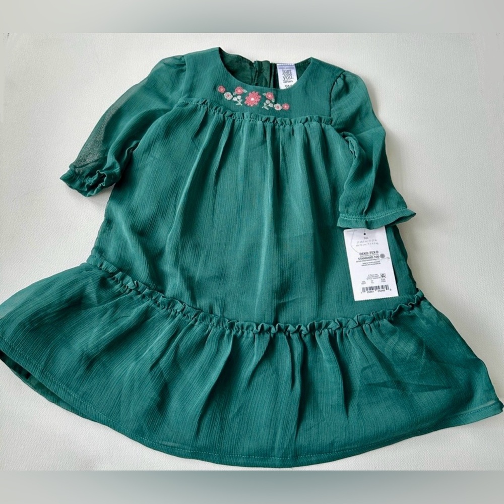 Carter's Girl’s Green Floral Embroidery Tiered Dress Bloomer. Size 9M.
